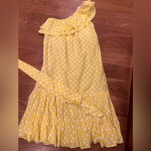 NWOT LISA MARIE FERNANDEZ yellow polka dot midi dress. One shoulder neckline.